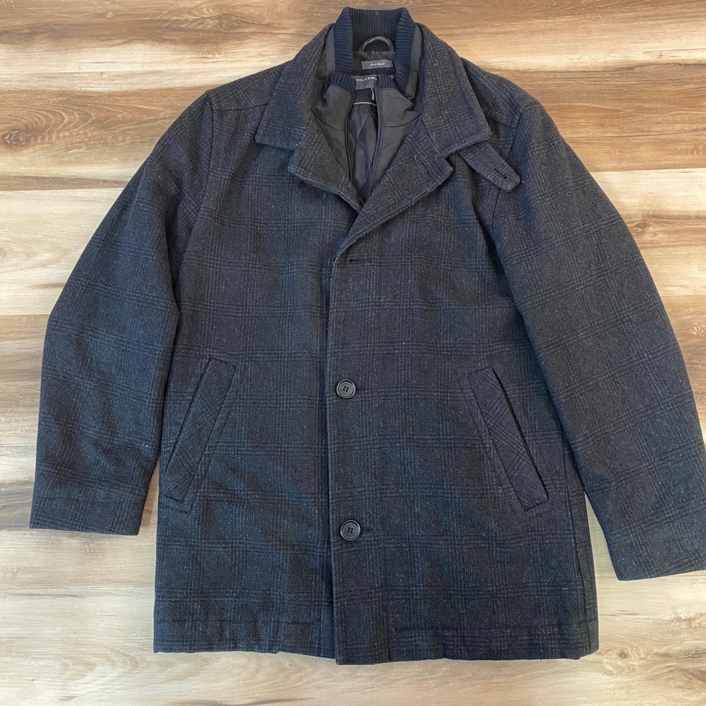 Perry‎ Ellis Portfolio Coat Mens Small Wool Blend Glen Plaid Car Coat Charcoal